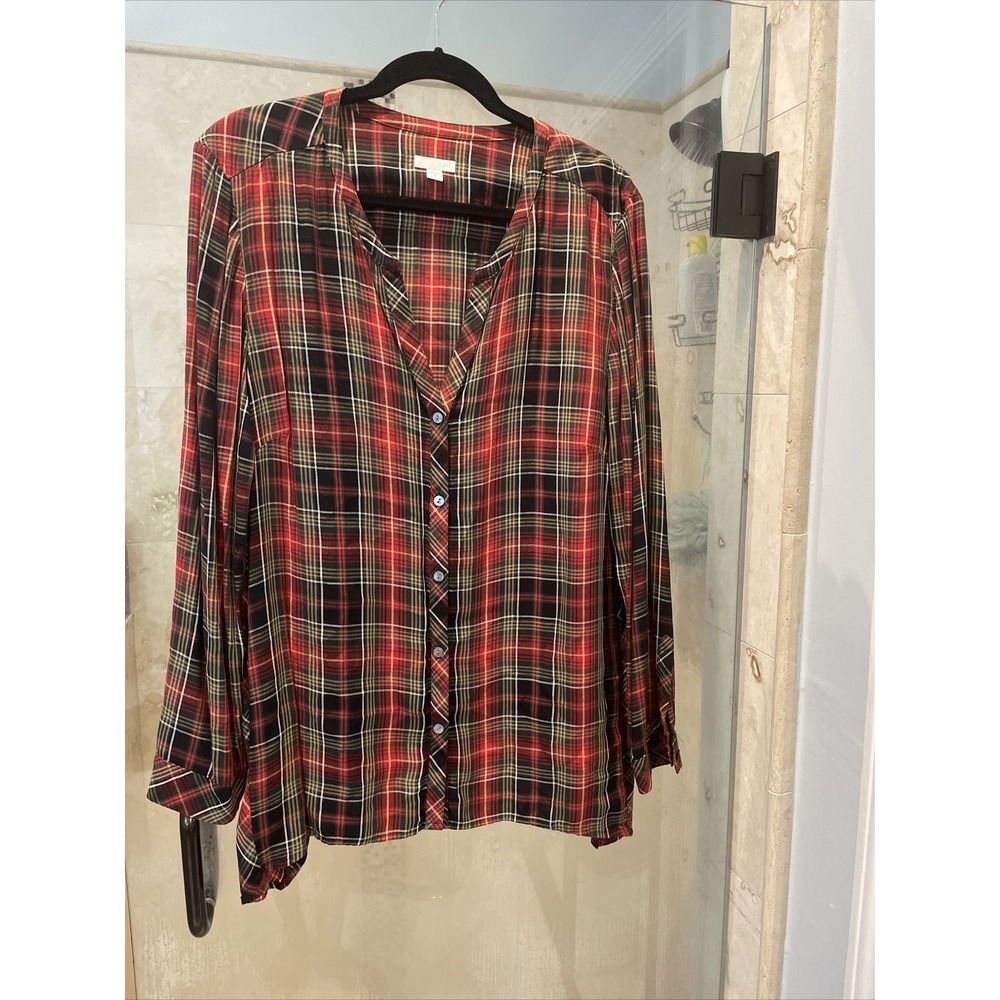 J.Jill Red Tan Green Christmas Plaid Button Down Shirt Women's Size XL